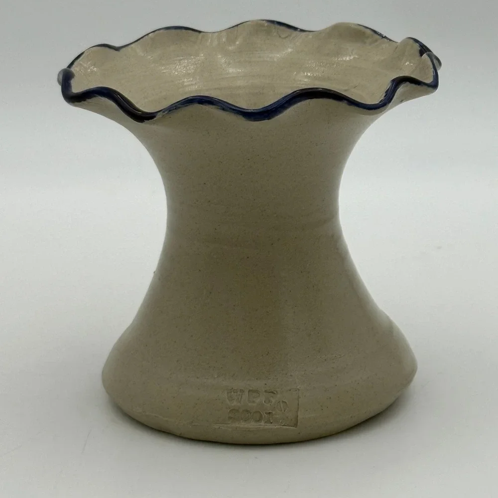 WPF Pottery 2001 Blue Leaf Salt Glaze Stoneware Ruffled Vase Farmhouse Decor